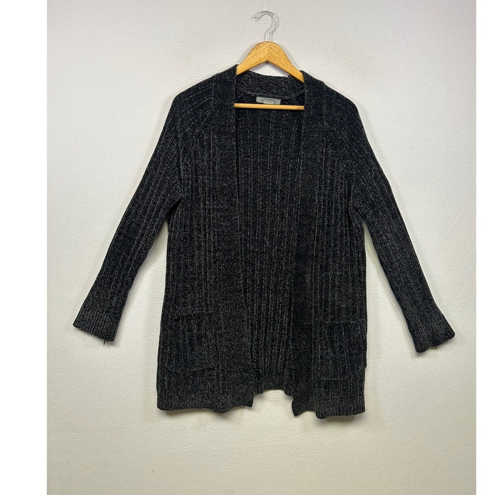 Natural Reflections Cozy Chenille Womens Medium Charcoal Grey Ribbed Cardigan